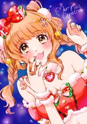 1girl 2023 :3 absurdres bare_shoulders blue_background blush bow breasts cleavage collarbone english_text fur_collar hair_bow hair_ornament hands_up highres hogehogemoji06 idolmaster idolmaster_cinderella_girls looking_at_viewer merry_christmas midriff moroboshi_kirari multicolored_nails nail_polish open_mouth orange_hair santa_costume smile snowflake_hair_ornament solo star_(symbol) star_hair_ornament star_in_eye symbol_in_eye upper_body