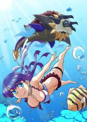 1girl air_bubble barefoot bikini blue_eyes breasts bubble cleavage coral covered_erect_nipples cross cross_necklace earrings fate/grand_order fate_(series) fish highres jewelry large_breasts long_hair looking_at_viewer martha_(fate) martha_(swimsuit_ruler)_(fate) martha_(swimsuit_ruler)_(third_ascension)_(fate) necklace purple_hair ribbon rofu_get smile swimming swimsuit tarasque_(fate) thigh_strap underwater white_bikini white_ribbon