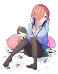 1girl black_pantyhose blue_cardigan blue_eyes breasts brown_hair cardigan character_doll closed_mouth collared_shirt commentary cushion go-toubun_no_hanayome goowonjoon green_skirt hair_over_one_eye headphones headphones_around_neck knees_up large_breasts long_hair long_sleeves looking_at_viewer nakano_ichika nakano_itsuki nakano_miku nakano_nino nakano_yotsuba no_shoes pantyhose paper shirt simple_background sitting skirt solo uesugi_fuutarou white_background white_shirt