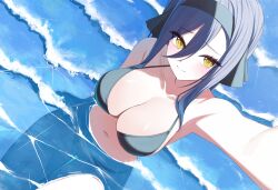 Rule 34 | 1girl, absurdres, arm up, bare shoulders, bikini, black bikini, blue hair, blush, breasts, cleavage, closed mouth, collarbone, commentary, day, from above, gangzi (vtuber), hair between eyes, hairband, highres, large breasts, long hair, long hair between eyes, looking at viewer, navel, ocean, outstretched arm, shallow water, sidelocks, sitting, smile, solo, sparkle, stellive, stomach, sunlight, swimsuit, thighs, virtual youtuber, water, waves, wet, yellow eyes, yt9676