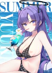 1girl absurdres alternate_costume beliatan bikini black_bikini black_halo blue_archive blue_eyes blue_hair blush breast_tattoo breasts character_name cheek_tattoo cleavage commentary cup curvy drinking_glass drinking_straw drinking_straw_in_mouth english_text hair_ornament halo heart heart_tattoo highres large_breasts long_hair looking_at_viewer mechanical_halo navel plaid_bikini plaid_clothes sideboob sitting solo swimsuit tattoo triangle_hair_ornament two_side_up yuuka_(blue_archive)