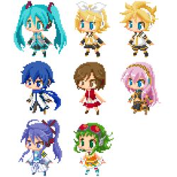 3boys 5girls ahoge aqua_eyes aqua_hair b_(kyo519) blonde_hair blue_eyes blue_hair blue_scarf brown_eyes brown_hair chibi detached_sleeves everyone goggles green_eyes green_hair gumi hair_ornament hair_ribbon hairclip hatsune_miku headphones kagamine_len kagamine_rin kaito_(vocaloid) kamui_gakupo long_hair lowres megurine_luka meiko_(vocaloid) multiple_boys multiple_girls pink_hair pixel_art ponytail purple_hair ribbon scarf short_hair shorts siblings simple_background skirt thighhighs twins twintails vocaloid yamaha