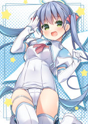 1girl :d blue_hair blush boots breasts covered_navel detached_sleeves djibril_aries gloves green_eyes hair_between_eyes halftone halftone_background halo hanamiya_natsuka hand_up jinno_hikari long_hair long_sleeves looking_at_viewer makai_tenshi_djibril makai_tenshi_djibril_2 medium_breasts old_school_swimsuit one-piece_swimsuit open_mouth puffy_short_sleeves puffy_sleeves school_swimsuit short_sleeves smile solo star_(symbol) swimsuit thighhighs twintails very_long_hair white_boots white_gloves white_one-piece_swimsuit white_sleeves white_thighhighs