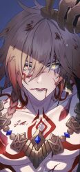 1boy abs absurdres blonde_hair blood blood_from_mouth blood_on_face braid chest_tattoo commentary_request earrings facial_tattoo gold_earrings gold_necklace gradient_hair hair_between_eyes highres honkai:_star_rail honkai_(series) injury jewelry looking_at_viewer male_focus medium_hair multicolored_hair mydei_(honkai:_star_rail) necklace red_hair red_tattoo side_braid solo tattoo toned toned_male upper_body user_sfdc4438 yellow_eyes