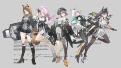 5girls animal_ear_fluff animal_ears arknights bang_dream! bang_dream!_it&#039;s_mygo!!!!! black_boots black_choker black_gloves black_hair black_jacket black_pants black_pantyhose black_shirt blue_eyes boots breasts brown_eyes cat_ears cat_girl cat_tail character_sticker chihaya_anon choker closed_mouth commentary dual_wielding fang fox_ears fox_girl fox_tail full_body gas_mask gloves grey_hair grey_hat grey_jacket grey_shoes halo hand_up hat heterochromia highres holding holding_microphone holding_shield holding_sword holding_weapon infection_monitor_(arknights) jacket kaname_raana kemonomimi_mode knee_pads krab_(fumekrab) leg_warmers long_hair long_sleeves looking_at_viewer mask matcha_parfait medium_breasts microphone multiple_girls mygo!!!!!_(bang_dream!) nagasaki_soyo open_clothes open_jacket open_mouth pants pantyhose pantyhose_under_shorts pink_hair raana_the_cat shield shiina_taki shirt shoes short_hair shorts sidelocks simple_background single_leg_pantyhose skin_fang sleeveless sleeveless_shirt sword tail takamatsu_tomori thigh_boots utensil_in_mouth v weapon white_background white_hair white_jacket white_leg_warmers white_shirt white_shorts wolf_ears wolf_girl wolf_tail yellow_eyes yellow_shoes