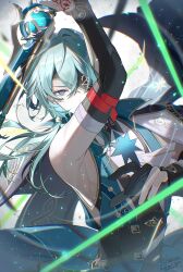 1boy absurdres anaxa_(honkai:_star_rail) aqua_eyes bare_shoulders black_gloves detached_sleeves eyepatch gloves gun highres holding holding_gun holding_weapon honkai:_star_rail honkai_(series) long_sleeves looking_at_viewer male_focus noes one_eye_covered sleeveless solo upper_body weapon