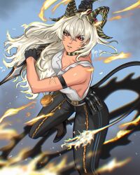 1girl arm_strap black_choker black_gloves black_horns black_pants black_shoes black_tail breasts bright_pupils choker chromatic_aberration commentary curled_horns foot_out_of_frame gloves hair_between_eyes high_heels highres holding holding_sword holding_weapon horns large_breasts looking_at_viewer mims_(ighoxen) pants parted_lips red_eyes revision shirt shoes solo sword torn_clothes torn_shirt weapon white_pupils white_shirt wuthering_waves zani_(wuthering_waves)