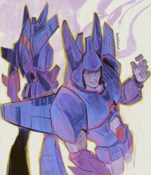 Rule 34 | 1boy, absurdres, armor, cyclonus, decepticon, helmet, highres, horns, humanoid robot, kaizer (kaizerxking), male focus, mecha, mechanical wings, purple armor, purple helmet, red eyes, robot, science fiction, solo, transformers, transformers: generation 1, wings