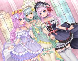 3girls aqua_bow aqua_choker aqua_hair assault_lily bare_shoulders black_bonnet black_bow black_dress blue_collar blunt_bangs blush bonnet bow bowtie breasts choker cleavage collar collarbone commentary_request cowboy_shot criss-cross_halter cross-laced_clothes cross-laced_dress cross-laced_sleeves crossed_bangs dress dress_bow drill_hair dutch_angle fingernails flower flower_wreath frilled_bonnet frilled_bow frilled_collar frilled_dress frilled_hairband frilled_thigh_strap frilled_wrist_cuffs frills garter_straps gem girl_sandwich grey_dress hair_ornament hair_ribbon hairband halter_dress halterneck hand_up head_wreath highres holding_hands imai_tomohiro indoors interlocked_fingers jewelry lolita_fashion lolita_hairband long_hair looking_at_another looking_to_the_side medium_breasts multiple_girls off-shoulder_dress off_shoulder official_alternate_costume official_alternate_hairstyle open_mouth parted_lips pink_bow pink_flower pink_gemstone puffy_short_sleeves puffy_sleeves purple_bow purple_bowtie purple_dress red_bow red_ribbon ribbon ring rose sadamori_himeka sandwiched short_sleeves side-by-side sleeveless sleeveless_dress smile stained_glass standing striped_bow striped_ribbon tanba_akari thigh_bow thigh_strap thighhighs toki_kureha two-tone_dress waist_cape white_collar white_dress white_hairband white_thighhighs wind wrist_cuffs yellow_flower yellow_rose
