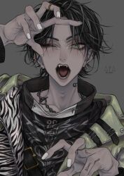 1boy absurdres animal_print belt black_hair black_sleeves chain chain_necklace ckshax ear_piercing earrings fangs finger_tattoo green_eyes green_jacket grey_background highres hoop_earrings jacket jewelry male_focus multicolored_hair neck_tattoo necklace one_eye_closed open_mouth original parted_bangs piercing ring short_hair simple_background solo streaked_hair tattoo teeth tongue upper_body white_nails zebra_print