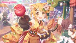 3girls animal_ears ayumi_(princess_connect!) banana bell blonde_hair candy_apple chocolate_banana commentary english_commentary english_text flower food fruit furisode hair_flower hair_ornament hiyori_(new_year)_(princess_connect!) hiyori_(princess_connect!) holding holding_food ikayaki japanese_clothes kimono multiple_girls official_art open_mouth outdoors princess_connect! ribbon sitting sleeveless sparkle standing taiyaki takoyaki tongue upper_body wagashi yellow_eyes