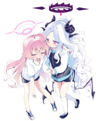 2girls ahoge black_halo blue_archive breasts demon_girl demon_horns demon_wings full_body gym_uniform halo heterochromia highres hina_(blue_archive) horns hoshino_(blue_archive) long_hair multiple_girls open_mouth pink_hair purple_eyes shi_ecchi small_breasts socks standing white_hair white_socks wings yuri