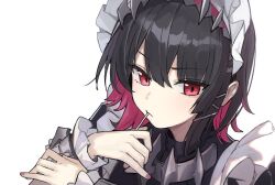 1girl black_hair candy colored_inner_hair ellen_joe fingernails food lollipop looking_at_viewer maid maid_headdress multicolored_hair red_eyes red_hair red_nails short_hair simple_background solo two-tone_hair upper_body white_background yohaku zenless_zone_zero