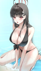 1girl absurdres bikini black_bikini black_hair blue_archive breasts bright_pupils emduck hair_ornament hairclip halo highres kneeling large_breasts long_hair partially_submerged red_eyes rio_(blue_archive) solo swimsuit very_long_hair water white_pupils