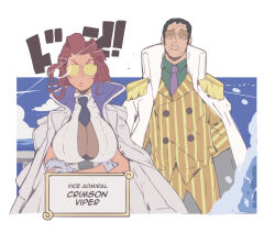 1boy 1girl artist_request black_hair breasts capcom cleavage crimson_viper english_text gloves highres large_breasts legs looking_at_viewer mature_female necktie pants parted_lips puckered_lips red_hair short_hair source_request street_fighter sunglasses teeth thighs