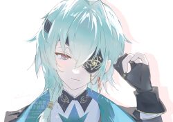 Rule 34 | 1boy, anaxa (honkai: star rail), aqua hair, black gloves, english text, eyepatch, gloves, hand up, highres, honkai: star rail, honkai (series), jq4 3, looking at viewer, male focus, medium hair, one eye covered, partially fingerless gloves, shadow, side ponytail, smile, solo, watermark, white background