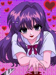 1990s_(style) 1girl blood blood_splatter blush bow bowtie doki_doki_literature_club empty_eyes faux_retro_artstyle hair_ornament hairclip heart knife long_hair open_mouth pixel_art purple_eyes purple_hair reo_shimizu retro_artstyle shirt short_sleeves simple_background smile solo solo_focus thick_eyelashes white_shirt yandere yuri_(doki_doki_literature_club)