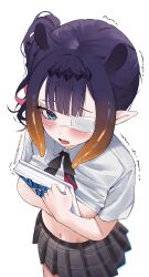 1girl absurdres animal_ears black_ribbon blue_eyes blush book breasts clothes_lift collared_shirt commentary covering_breasts covering_privates english_commentary extra_ears eyepatch fang from_above gradient_hair grey_skirt highres holding holding_book hololive hololive_english medical_eyepatch medium_hair miychi mole mole_under_eye multicolored_hair navel neck_ribbon ninomae_ina&#039;nis ninomae_ina&#039;nis_(school_uniform) open_mouth orange_hair patreon_username plaid_clothes plaid_skirt pleated_skirt pointy_ears purple_hair purple_tiara ribbon shirt shirt_lift short_sleeves side_ponytail simple_background skirt solo stomach tentacle_hair thighs tiara trembling two-tone_hair virtual_youtuber white_background white_shirt