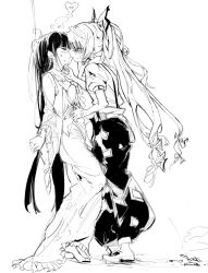 2girls against_wall barefoot blouse blush bow bowtie cigarette collared_shirt commentary frilled_skirt frilled_sleeves frills fujiwara_no_mokou full_body greyscale hair_bow hand_on_another&#039;s_neck heart high_contrast highres houraisan_kaguya imminent_kiss long_hair long_skirt long_sleeves monochrome multiple_girls multiple_hair_bows ofuda ofuda_on_clothes open_mouth pants partially_unbuttoned sesmkun shirt shoes sketch skirt standing suspenders sweat sweatdrop torn_clothes torn_sleeves touhou very_long_hair white_hair wide_sleeves yuri
