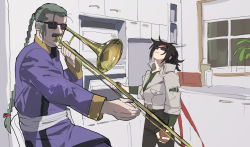 2boys bandana black_hair braid commentary domon_kasshu dougi english_commentary facial_hair g_gundam glasses gloves grey_hair gundam hairband headband highres indoors instrument jacket jam jewelry kitchen long_hair male_focus master_asia meme microwave multiple_boys music mustache old old_man aged_up parody playing_instrument scar serious shirt simple_background sunglasses tanakalma trumpet uniform window
