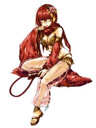 1girl bikini black-framed_eyewear breasts brown_sandals chinese_commentary commentary_request detached_sleeves full_body glasses gypsy_(ragnarok_online) harem_pants holding holding_whip invisible_chair looking_at_viewer lyoko_(kaffy) medium_breasts open_mouth pants ragnarok_online red_eyes red_hair red_scarf red_sleeves sandals scarf see-through_clothes see-through_pants short_hair simple_background sitting solo strapless strapless_bikini swimsuit white_background yellow_bikini
