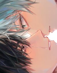2boys alien_stage black_eyes black_hair close-up face-to-face green_eyes grey_hair hashtag-only_commentary highres ivan_(alien_stage) male_focus moruru_08 multiple_boys parted_lips red_pupils sideways tears till_(alien_stage)