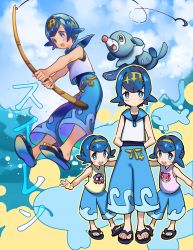 3girls absurdres age_difference blue_eyes blue_hair blue_pants blue_sailor_collar blush bomhat character_name character_print commentary fish_hook fishing_rod flip-flops freckles gen_1_pokemon gen_7_pokemon gold_hairband hairband harper_(pokemon) highres holding holding_fishing_rod lana_(pokemon) looking_at_viewer multiple_girls nintendo one-piece_swimsuit open_mouth outstretched_arms pants pokemon pokemon_(anime) pokemon_(creature) pokemon_sm_(anime) popplio sailor_collar sandals sarah_(pokemon) shellder shirt short_hair siblings sisters sleeveless slowpoke swimsuit swimsuit_under_clothes teeth toes tongue upper_teeth_only water wishiwashi wishiwashi_(solo)