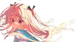 Rule 34 | 1girl, atri, atri-my dear moments-, black ribbon, blue sailor collar, from side, hair ribbon, highres, long hair, looking at viewer, parted lips, pink hair, red eyes, ribbon, sailor collar, shirt, simple background, solo, two side up, white background, white shirt, ze ping45283