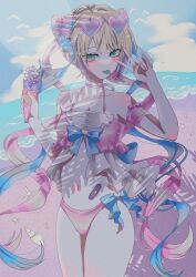 1girl bandaged_arm bandages bandaid_on_stomach beach bikini blonde_hair blue_eyes blue_hair blue_sky blush chest_bow chouzetsusaikawa_tenshi-chan cloud cloudy_sky colored_tips cowboy_shot dappled_sunlight eyewear_on_head fern food hands_up heart heart-shaped_eyewear highres holding holding_food holding_ice_cream ice_cream looking_at_viewer multicolored_hair needy_girl_overdose pink_hair quad_tails reno_(re_leno) seashell shade shell sky spaghetti_strap starfish sunlight swimsuit utensil_in_mouth v water