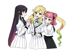 3girls black_hair black_skirt blonde_hair closed_mouth commentary_request danji_bang double_bun dress drill_hair gradient_hair green_hair hair_bun hands_on_another&#039;s_waist holding_hands hug hug_from_behind jacket juliet_sleeves korean_commentary kurogane_otoha long_hair long_sleeves multicolored_hair multiple_girls open_mouth pink_eyes pink_hair pleated_skirt puffy_sleeves purple_eyes purple_hair rock_wa_lady_no_tashinami_deshite school_uniform simple_background skirt smile step-siblings suzunomiya_alice suzunomiya_lilisa twintails very_long_hair white_background white_dress white_jacket yellow_eyes yuri