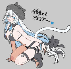 1girl animal_ears bikini black_bikini black_hat black_jacket blue_eyes blush bracelet breasts cat_ears cat_girl cat_tail cleavage detached_collar dobrynya_nikitich_(fate) dobrynya_nikitich_(swimsuit_lancer)_(fate) dobrynya_nikitich_(swimsuit_lancer)_(first_ascension)_(fate) fate/grand_order fate_(series) fur-trimmed_headwear fur_trim hat high_heels jacket jacket_on_shoulders jewelry large_breasts long_hair looking_at_viewer navel necktie open_mouth smile solo swimsuit tail translation_request wada_arco white_hair