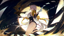 1girl absurdres animal animal_on_hand artist_name ass asymmetrical_gloves bird black_background black_bird black_gloves black_shorts breasts elbow_gloves fingerless_gloves from_side gloves glowing glowing_eyes high-waist_shorts highres jacket jinbin825 large_breasts long_hair looking_ahead parted_lips shorts single_elbow_glove single_thighhigh solo thighhighs uneven_gloves white_hair yellow_eyes yellow_jacket yi_xuan_(zenless_zone_zero) zenless_zone_zero