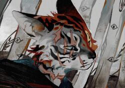 1boy animal_ear_fluff black_hoodie blue_eyes closed_mouth colored_sclera dated furry grey_background grey_fur highres hood hoodie luli_(crocowolf333) male_focus multiple_scars original portrait red_fur scar scar_on_face scar_on_neck slit_pupils tiger_boy tiger_stripes tree yellow_sclera