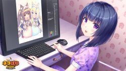 3girls black_hair blush buttons chibi chocola_(nekopara) computer_keyboard computer_mouse desk drawing_(action) drawing_tablet dutch_angle floral_print flower_print game_cg hair_ornament indoors looking_at_viewer looking_back minazuki_shigure multiple_girls nekopara official_art open_mouth pajamas print_pajamas purple_eyes purple_pajamas sayori_(neko_works) sitting smile stylus vanilla_(nekopara) wallpaper_(object) watermark