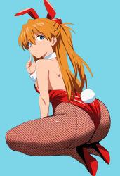 1girl animal_ears aqua_background ass bare_shoulders breasts brown_hair cleavage curvy detached_collar fake_animal_ears fake_tail full_body hair_between_eyes hair_ornament highleg highleg_leotard highres huge_ass jaaaan kneeling leotard long_hair looking_at_viewer looking_back neon_genesis_evangelion playboy_bunny rabbit_ears red_leotard shiny_clothes shiny_skin simple_background skin_tight skindentation smile solo souryuu_asuka_langley tail thong_leotard two_side_up very_long_hair wide_hips