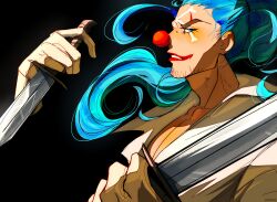 1boy beard_stubble black_background blue_eyes blue_hair buggy_the_clown commentary english_commentary facial_hair gloves highres holding holding_knife knife makeup male_focus one_piece ponytail profile red_nose shirt simple_background smile solo stubble upper_body wesaier white_shirt