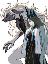 1boy 1girl black_dress black_gloves blue_eyes braid crown dress fate/grand_order fate_(series) furry gloves hair_between_eyes half_up_braid highres long_hair long_sleeves morgan_le_fay_(fate) morgan_le_fay_(queen_of_winter)_(fate) ponytail shintyoi2 simple_background smile veil very_long_hair woodwose_(fate)