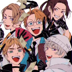 Rule 34 | 5boys, ahoge, america (hetalia), axis powers hetalia, banknote, between fingers, black choker, black gloves, black jacket, black necktie, black shirt, blonde hair, blue eyes, blue jacket, bottle, brown eyes, brown hair, card, changpao, china (hetalia), chinese clothes, choker, coin, collared shirt, commentary request, cup, down jacket, drink, drinking glass, facial hair, formal clothes, france (hetalia), from side, fur-trimmed jacket, fur trim, glasses, gloves, gold coin, green eyes, grey-framed eyewear, grey hair, hair between eyes, hands up, hat, holding, holding bottle, holding card, holding cup, holding money, jacket, lapels, leather, leather gloves, long hair, looking at viewer, low ponytail, male focus, money, multicolored hair, multiple boys, necktie, official alternate costume, open clothes, open jacket, open mouth, orange necktie, playing card, ponytail, purple eyes, purple vest, red hair, russia (hetalia), saiki illust2, scarf, semi-rimless eyewear, shirt, short hair, simple background, smile, streaked hair, suit, suit jacket, teeth, united kingdom (hetalia), upper body, v, v-shaped eyebrows, vest, white background, white hat, white jacket, white scarf, white shirt, wide sleeves