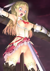 1girl anal anal_object_insertion bdsm blonde_hair blood blush bondage boots bound bound_arms breasts breasts_out censored cleavage_cutout clothes_lift clothing_cutout crucifixion defloration detached_sleeves double_insertion double_penetration dress dress_lift f-ism feathers female_focus gradient_hair hair_ornament hairband highres impaled large_breasts long_hair mosaic_censoring multicolored_hair murakami_suigun nipples no_panties object_insertion open_mouth orange_hair original outdoors pain pink_eyes polearm pussy rape restrained screaming solo sweat sword thigh_boots thighhighs torture vaginal vaginal_object_insertion weapon
