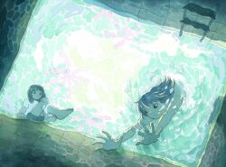2girls aqua_theme barefoot black_eyes black_hair blue_shorts distortion diving heikala highres ladder looking_down multiple_girls original perspective pool pool_ladder reaching reaching_towards_viewer shirt short_hair shorts underwater water white_shirt
