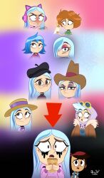 2girls absurdres andrea_davenport arrow_(symbol) artist_name beret blue_hair brown_hair commentary cowboy_hat english_commentary eyewear_on_head hat highres holding holding_phone joseartcentenoofficial molly_mcgee multiple_girls phone raised_eyebrows sad signature tears the_ghost_and_molly_mcgee