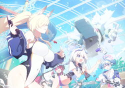 4girls ahoge animal_ear_fluff animal_ears bikini black_bikini blonde_hair blue_archive blue_eyes blue_hair blue_jacket braid breasts clenched_teeth covered_navel dog_ears dog_girl double_bun fubuki_(blue_archive) fubuki_(swimsuit)_(blue_archive) game_cg gun hair_bun handgun highleg highleg_one-piece_swimsuit highres holding holding_gun holding_weapon jacket kanna_(blue_archive) kanna_(swimsuit)_(blue_archive) kirino_(blue_archive) kirino_(swimsuit)_(blue_archive) large_breasts looking_ahead looking_at_another multiple_girls non-web_source official_alternate_costume official_alternate_hairstyle official_art one-piece_swimsuit open_mouth ponytail rabu_(blue_archive) rabu_(swimsuit)_(blue_archive) red_eyes red_hair revolver rifle sharp_teeth shirt swimsuit t-shirt teeth tied_shirt twin_braids visor_cap water weapon white_hair white_jacket white_one-piece_swimsuit white_shirt