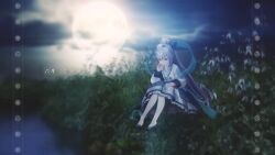 1girl 2omong 2omong_(2nd_costume) animal animal_on_head bird blurry blurry_background blurry_foreground cloud cloudy_sky depth_of_field dress fake_screenshot fireflies forest full_moon grass grey_hair hair_ornament hanbok highres japari_symbol korean_clothes korean_text long_hair long_sleeves meechu moon moonlight motion_blur multicolored_hair nature night night_sky on_grass on_head outdoors scenery sitting skirt sky solo star_(sky) starry_sky tree very_long_hair video_thumbnail virtual_youtuber wide_sleeves