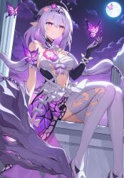 1girl absurdres bare_shoulders black_tiara breasts bug butterfly castorice_(honkai:_star_rail) closed_mouth commentary feet_out_of_frame full_moon hair_between_eyes hand_up hashtag-only_commentary highres honkai:_star_rail honkai_(series) insect kookie long_hair medium_breasts moon navel netherwing_(honkai:_star_rail) night night_sky outdoors pointy_ears purple_butterfly purple_eyes purple_hair sky smile solo stomach tiara very_long_hair