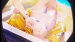 1girl angelica_(brown_dust) animated beach bikini blonde_hair blush bouncing_breasts bracelet breasts brown_dust_(series) brown_dust_2 camera embarrassed groin highres jewelry large_breasts long_hair looking_at_viewer looking_to_the_side lying navel on_back red_eyes sound stomach subtitled swimsuit tagme thighs very_long_hair video white_bikini wide_hips