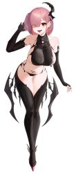 1girl absurdres arm_at_side bare_shoulders black_gloves black_horns black_liquid black_nails black_panties black_shirt black_shoes black_thighhighs blunt_bangs blush breasts brown_hair collarbone colored_inner_hair commentary covered_collarbone crop_top earclip earrings elbow_gloves eyes_visible_through_hair fang fingerless_gloves fingernails full_body gloves goddess_of_victory:_nikke hair_behind_ear hair_between_eyes hair_over_one_eye halter_shirt halterneck hand_in_own_hair hand_up highres horns jewelry large_breasts leaning_forward liquid_clothes long_fingernails looking_at_viewer lower_teeth_only medium_hair melting multicolored_hair multicolored_shoes nail_polish navel one_side_up open_mouth panties pink_shoes pubic_tattoo red_eyes red_hair rice_ghost shirt shoes sideboob simple_background single_horn sleeveless sleeveless_shirt smile solo spikes standing star_(symbol) star_earrings stomach tattoo teeth thigh_gap thighhighs tongue tongue_out two-tone_hair two-tone_shoes underwear white_background ziz_(nikke)