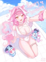 1girl absurdres alternate_costume animal_ear_fluff animal_ears arm_support arm_up artist_logo artist_name blue_sky breasts casual_one-piece_swimsuit center-flap_bangs chattino_(raora_panthera) choker cleavage commentary covered_navel cross-laced_clothes cross-laced_one-piece_swimsuit detached_sleeves english_text fangs frilled_sleeves frills from_above hair_flaps hair_intakes hairband happy_birthday heart heart-shaped_eyewear highres hololive hololive_english large_breasts light_blush logo long_hair looking_at_viewer looking_up lotion miikovfx multi-strapped_swimsuit multicolored_hair notice_lines one-piece_swimsuit open_mouth panther_ears panther_girl panther_tail pink_hair pink_scrunchie pool poolside raora_panthera scrunchie seiza short_sleeves sitting sky smile solo streaked_hair swimsuit tail thighs virtual_youtuber white_choker white_hair white_one-piece_swimsuit yellow_eyes