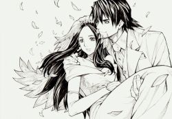 Rule 34 | 10s, 1boy, 1girl, bare shoulders, bouquet, bridal veil, bride, carrying, couple, dress, elbow gloves, facial hair, flower, gloves, hetero, husband and wife, kaburagi t. kotetsu, kaburagi tomoe, long hair, monochrome, necktie, petals, princess carry, stubble, tiger &amp; bunny, traditional media, tuxedo, ueda hiroshi, veil, wedding, wedding dress