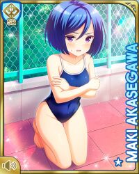 1girl akasegawa_maki barefoot blue_hair blue_one-piece_swimsuit chain-link_fence character_name competition_swimsuit day female_focus fence girlfriend_(kari) kneeling looking_at_viewer official_art one-piece_swimsuit open_mouth outdoors pool poolside purple_eyes qp:flapper short_hair solo swimsuit tagme tile_floor tiles