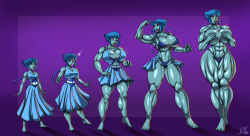 Rule 34 | 1girl, absurdres, barefoot, blue eyes, blue hair, blue skin, blush, breast expansion, breasts, colored skin, covering breasts, covering privates, curvy, female focus, full body, height growth, highres, huge breasts, lapis lazuli (steven universe), large breasts, looking at viewer, matching hair/eyes, muscle growth, muscular, muscular female, osmar-shotgun, sequential, short hair, small breasts, solo, steven universe, sweat, thick thighs, thighs, topless female, torn clothes, wide hips